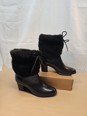 VTG 70s USA Moulded Construction Faux Fur HEEL Black Winter Boots RETRO Size 7