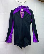 Women  s Black  Purple Long Sleeve Dance Leotard Unitard Sequin Lace