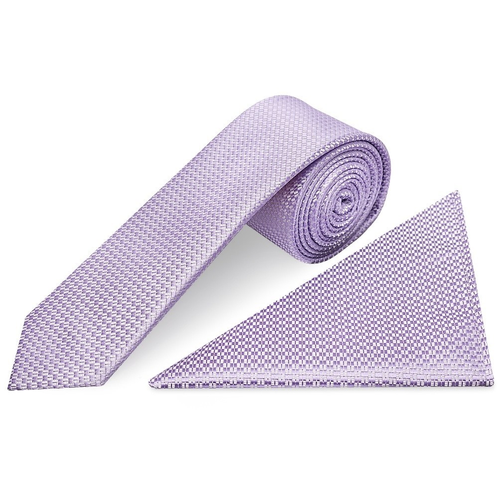 Mens Lilac Textured Skinny Tie and Pocket Square Set Wedding Formal Tie Hanky