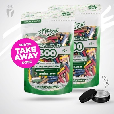 1000 PURIZE XTRA Slim Size Aktivkohlefilter Ø 5,9mm 2x 500 Stk. + Gratis Dose