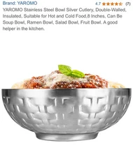 Yaromo Stainless Steel Bowl.  Isolation Temperature For Hot Or Cold