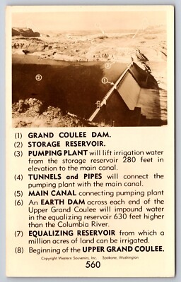 Grand Coulee Dam Washington Vintage Postcard Description Diagram Map