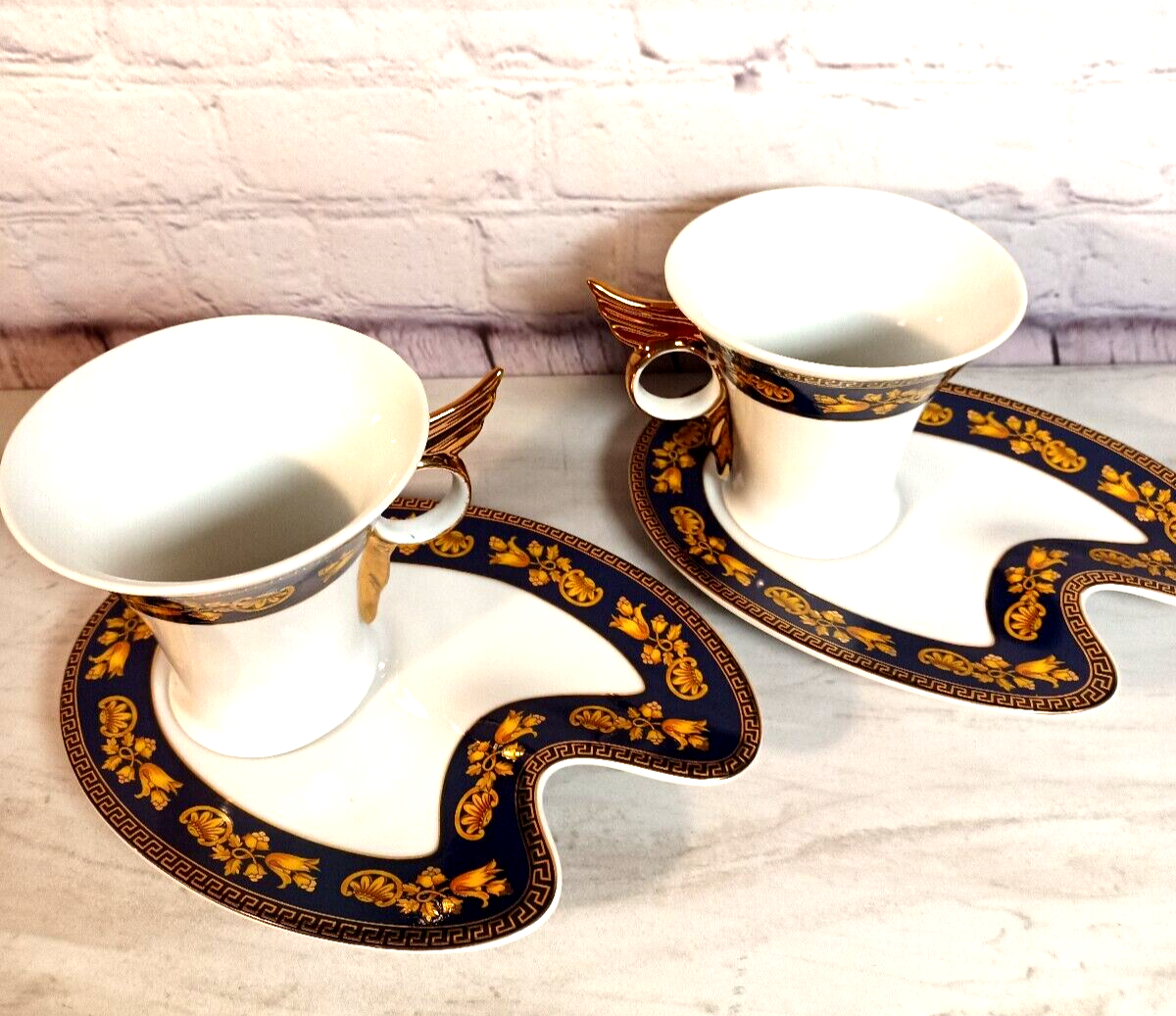 GNA Fine Porcelain Navy, Gold White 2 Cups and Saucers Set in Box
