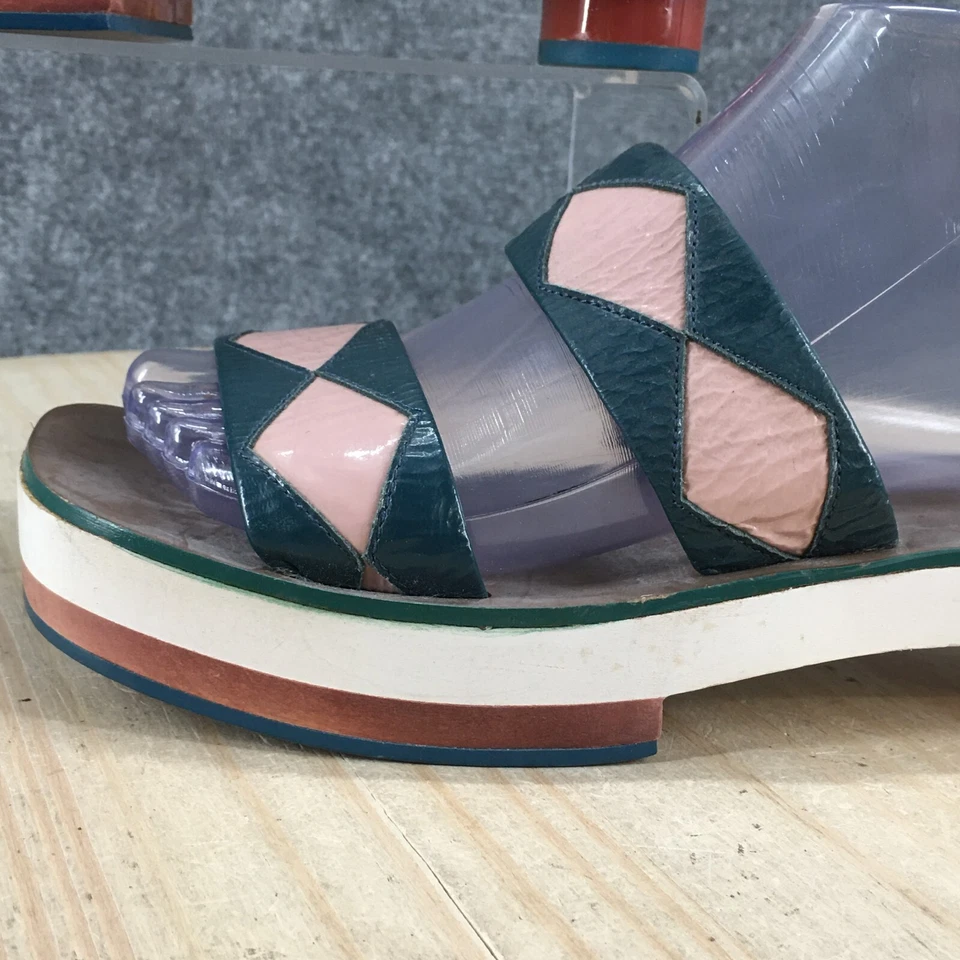 Zara Woman Sandals Womens 37 Casual Comfort Slip On Two Strap Slide Teal Leather - Image 4 of 4