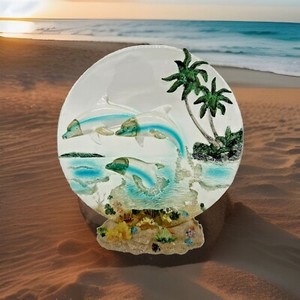 Dolphins 3D Sculptured Resin Plate 3 Dolphins Swimming in the Ocean 9.5 Inches