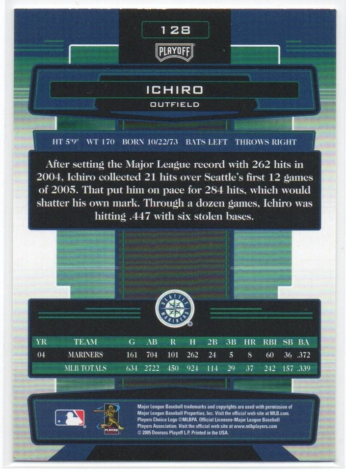 Ichiro Suzuki 2005 Absolute Memorabilia #128 Seattle Mariners Hall of Fame #1 - Image 2 of 2