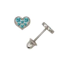 14K Solid White Gold 5mm CZ Heart Love Screw Back Earrings Set With Birthstones
