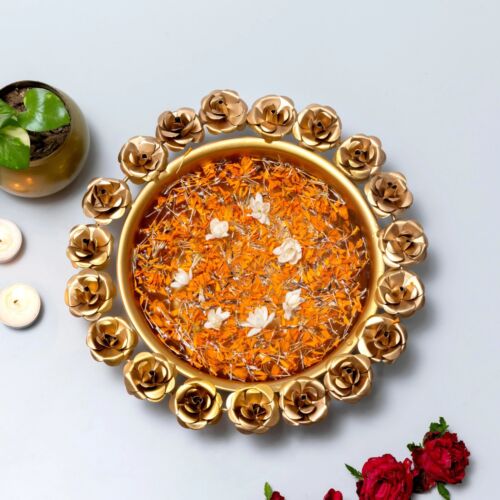 Metal Urli Bowl Shaped For Diwali Home Decor Showpiece Metallic Urli With Rose - Picture 1 of 3
