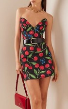 NWT. $1890 Carolina Herrera Cherry-Print Strapless Mini Dress Sz 6 black