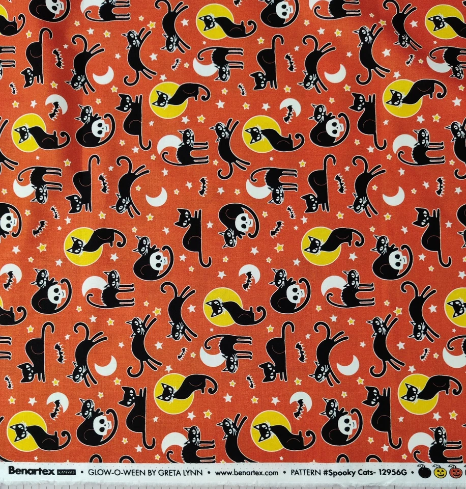Benartex Orange Spooky Cats Glow in the Dark Halloween Cotton Fabric Glow-O-Ween - Image 2 of 4