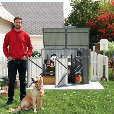 Outdoor Metal Garbage Bin Shed for 2 Trash Cans Galvanized Steel w/ Door & Roof