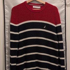 Nautica Men's M Crewneck Pullover Knit Cotton Sweater Striped Red Navy White
