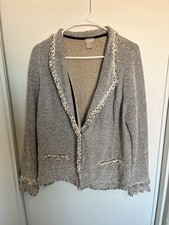Woman CHICO S Black White Tweed Fray Edge One Button Jacket Sz 2 Large EUC