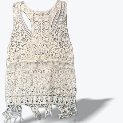India Boutique Crochet Fringe Tank Top Ivory Boho Racerback One Size