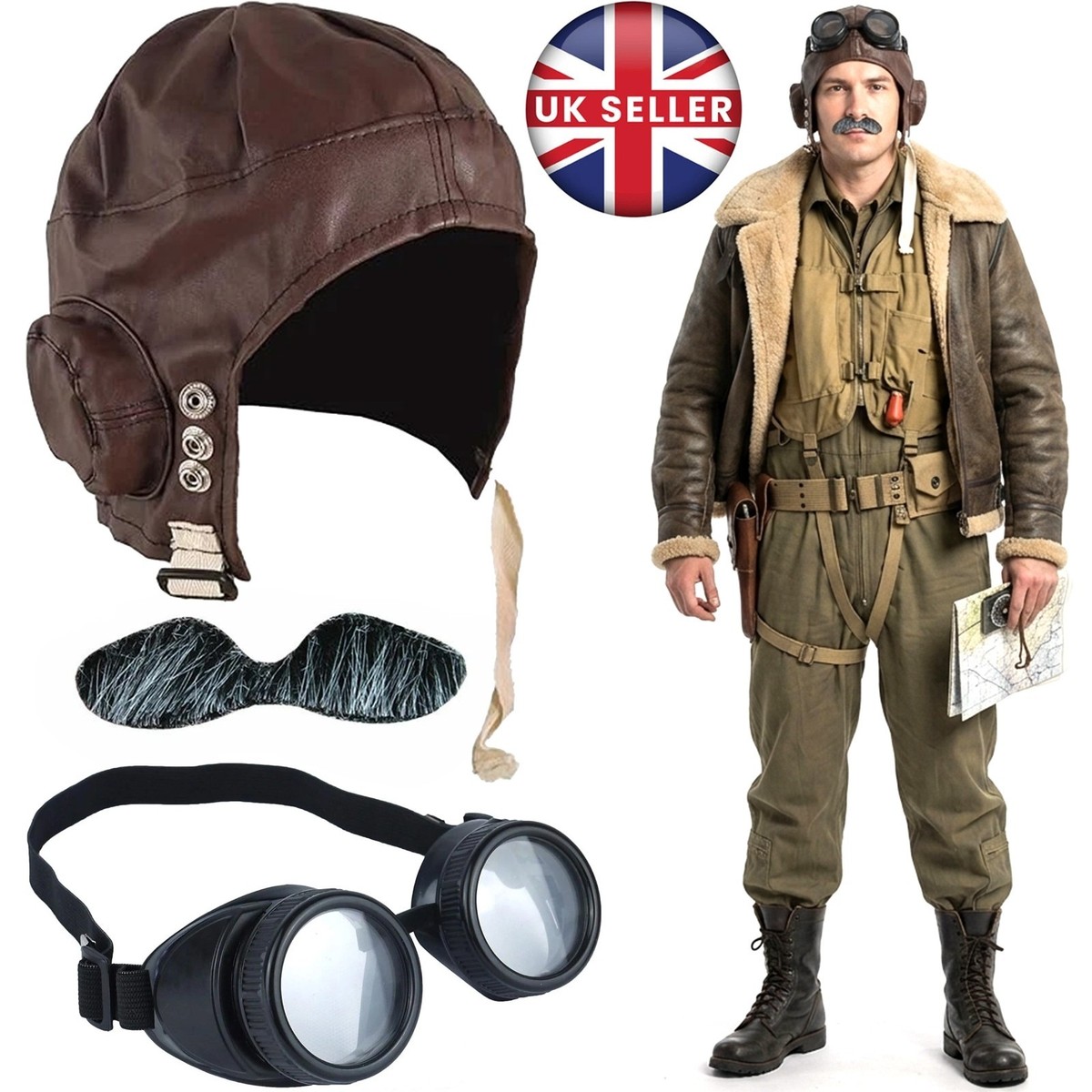 WW2 FLYING HELMET AND GOGGLES 1940'S PILOT HAT AVIATOR FANCY DRESS
