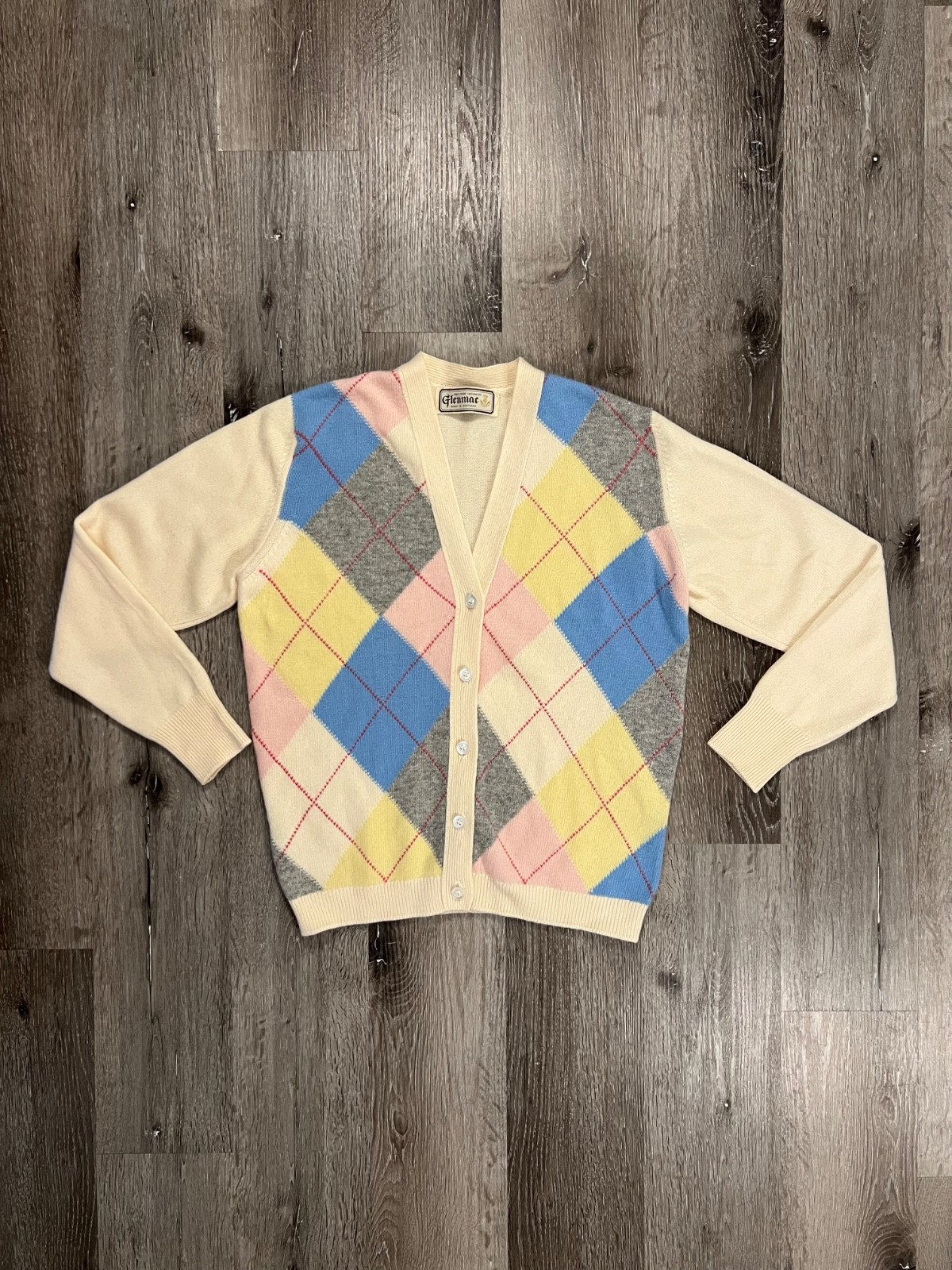 VTG Glenmac 100% Cashmere Cardigan Made In Scotland Argyle Button Sweater Sz M-L