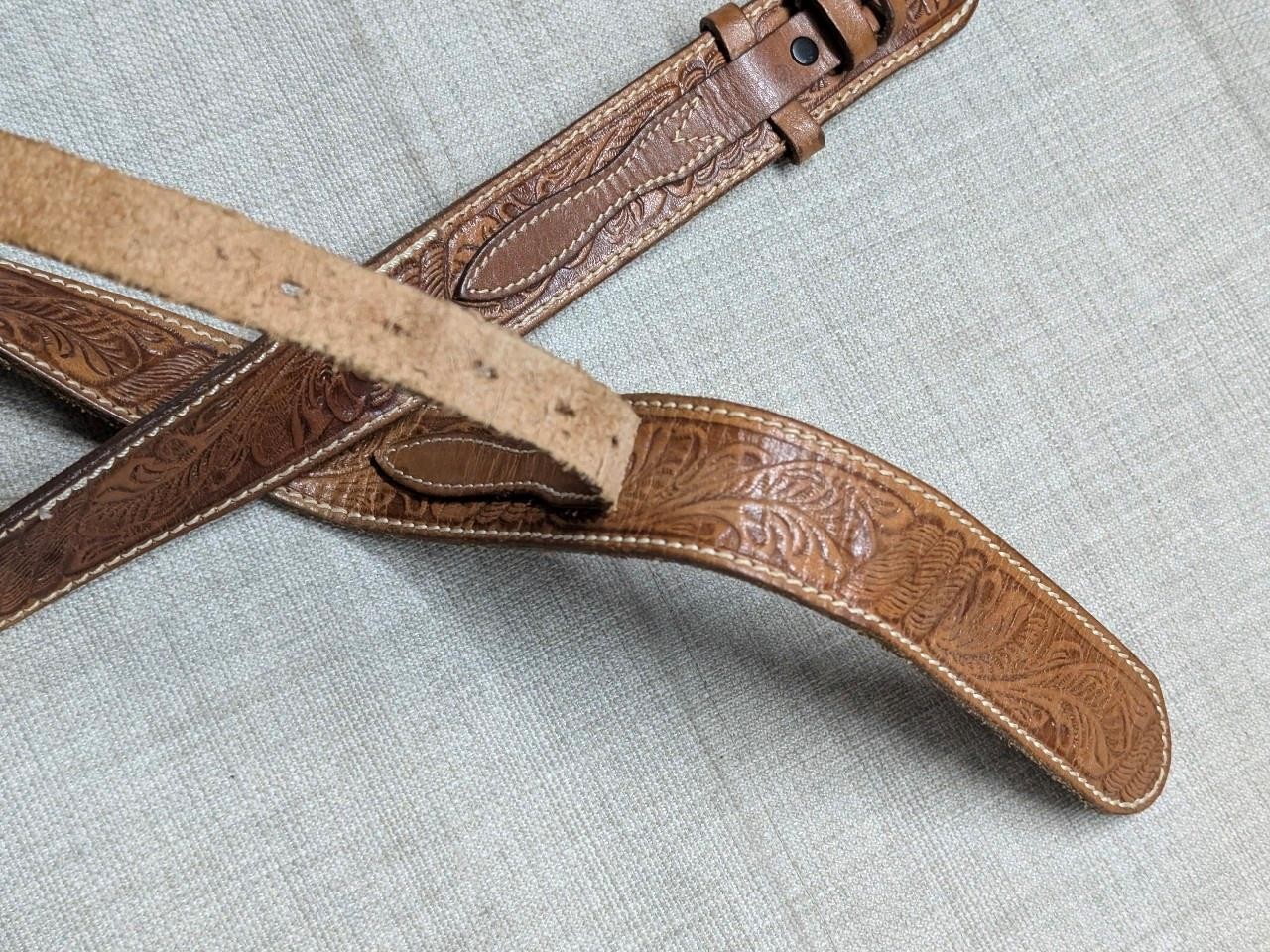 vintage USA made JUSTIN buckle belt 34 brown RANGER tooled WESTERN leather rodeo