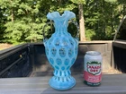 Vintage Fenton Blue  Opalescent Glass Coin Dot Double Handled Vase