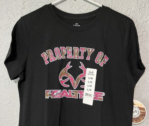 REALTREE Women's Large Black Short Sleeve T-Shirt Graphic Pink Camouflage Logo - Picture 2 of 12