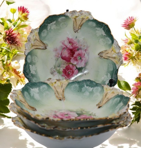 Antique RS Prussia Porcelain Bowls Set Of 4 Pink Poppies