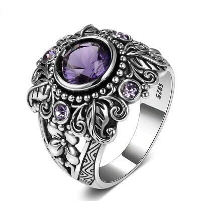 Natural Purple Amethyst Ring 925 Silver Women Round Stone Vintage Jewelry Anel