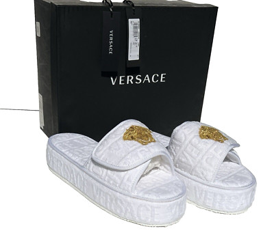 Versace Medusa Head Platform White Slippers Slides $500 Allover Logo IT45 /US 12