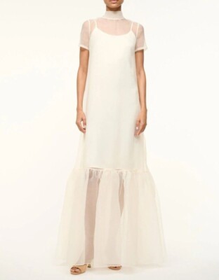 High Neck White Organza Maxi Dress with Ruffle Hem Bridal & Bridesmaid Wedding