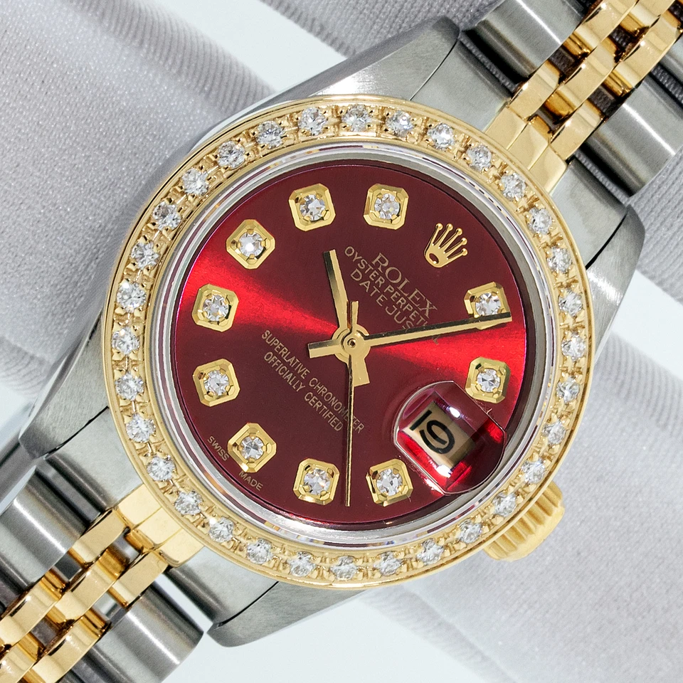 Rolex Lady DateJust esfera de diamantes rojos - acero y oro de 18 quilates reloj con bisel de diamantes