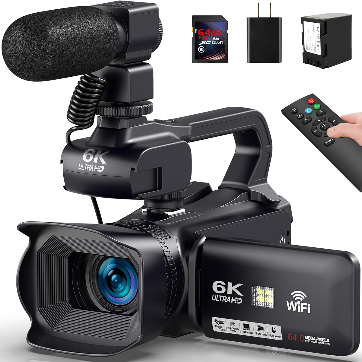 6K 64MP Video Camera Camcorder, 18X Digital Zoom IR Night Vision