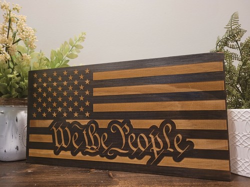 15” Handmade US WE THE PEOPLE American Wooden Torched Wood Rustic Primitive Flag - 第 1/2 張圖片