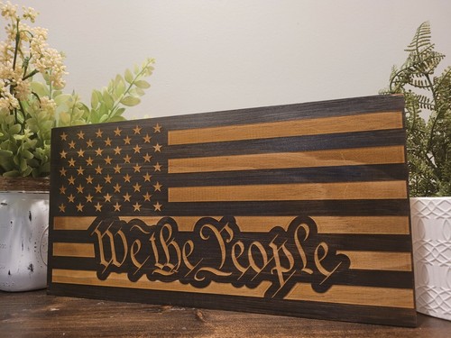 15” Handmade US WE THE PEOPLE American Wooden Torched Wood Rustic Primitive Flag - Picture 1 of 2