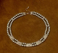 Silver Tone 2 Strand Beaded Statement Collar Necklace Filigree Panels Formed