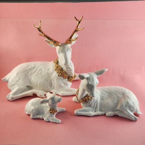 3 Piece White Porcelain Deer Family by Traditions Gold Trim Christmas Decoration - Picture 1 of 13