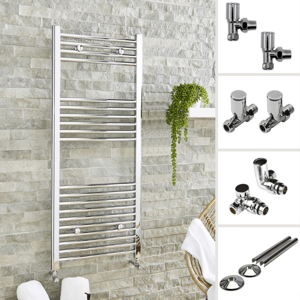 500mm Wide Straight Chrome Heated Towel Rail Ladder Bathroom Radiator Valves