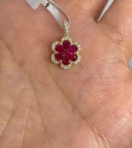 2Ct Pear Cut Lab Created Red Ruby Flower Pendant 14K Yellow Gold Plated Silver - Picture 3 of 9
