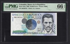 Colombia 20000 Pesos 23-08-2009 P454u Uncirculated Graded 66