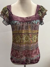 Self Esteem Top SZ S Sheer Cap Sleeve BOHO Lace Accent Elastic Bottom
