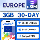 JetSim Europe eSIM 30 Days 3GB 5G/4G LTE High-Speed Data for Travellers
