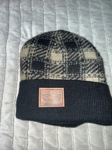 Levis Winter Hat Beanie Plaid Navy Cuffed Sherpa Lined Leather Logo Patch OS