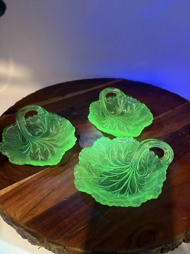 3 Vintage Indiana Glass Cabbage Leaf Candy Dish Bowl Depression Uranium Vaseline