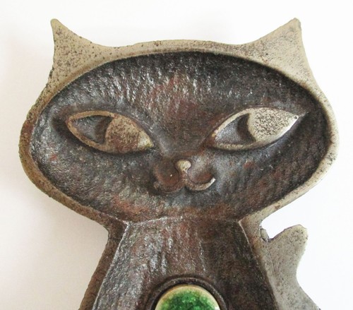 MCM Cast Iron Sitting Cat Dish Ashtray Ceramic Insets Japan 1950s