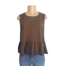 Three Dots Eyelet Peplum Tank Top Dark Olive Green Cotton Small USA Made