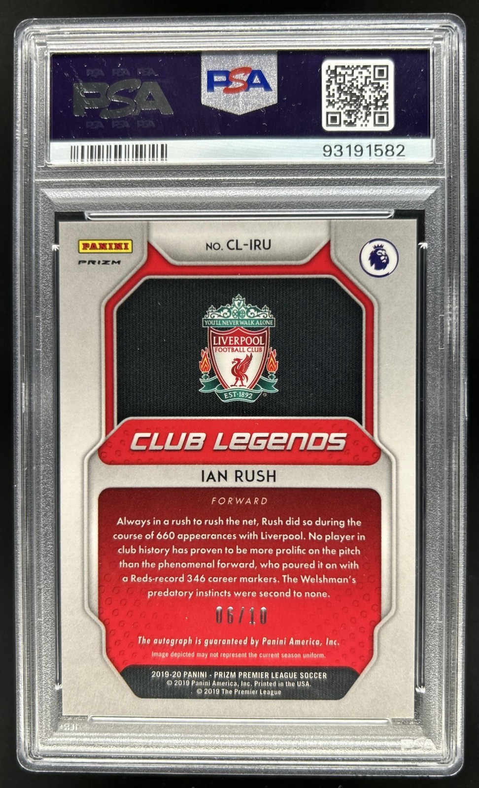 2019 Prizm Ian Rush Club Legends Signatures Prizm Gold Auto #/10 PSA 10 view 2