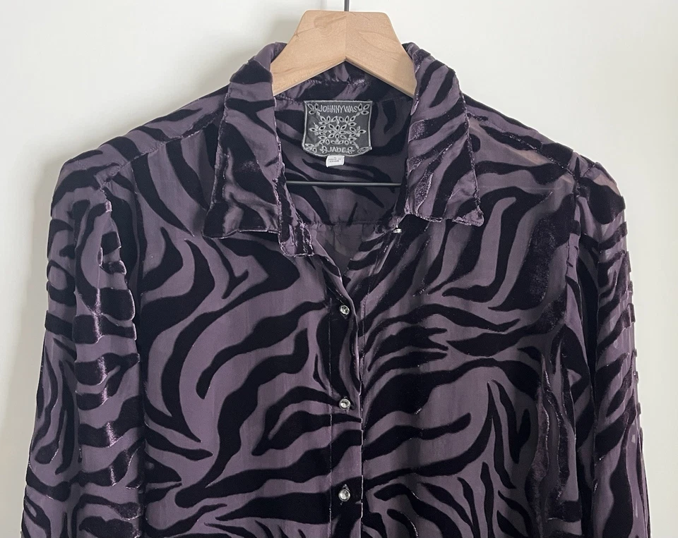 Top Johnny Was Jade Zado Berenjena Púrpura Seda Terciopelo Fluido Boho Estampado Cebra Talla L Foto 2 de 4