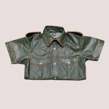 Men's Green Leather Shirt Military Style Shirt In Genuine Lambskin Leather Shirt