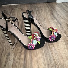Betsey Johnson Women s Black Ankle Strap Block Heel Floral Applique Buckle