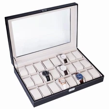 24 Slot PU Leather Men Women Watch Box Display Case Jewelry Organizer Storage