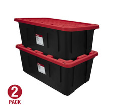 2 Pack Hyper Tough 40 Gallon Plastic Storage Bin, Snap Lid Tote, Black/Red Case