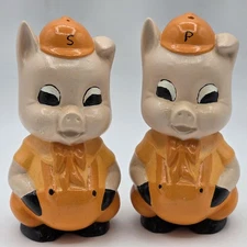 Ceramic Pig Salt & Pepper Shakers Set of 2 Orange Overalls Farmhouse Decor Pair