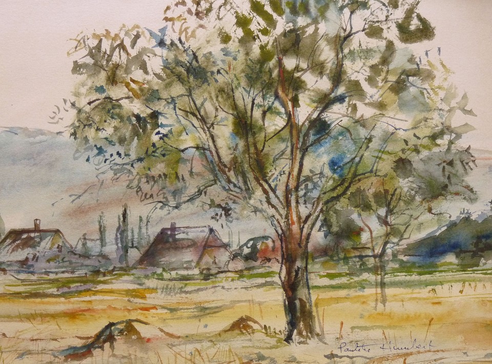 Peinture Aquarelle Originale Années 1950 - Paysage Du Bassin D'Arcachon Avec Arbres